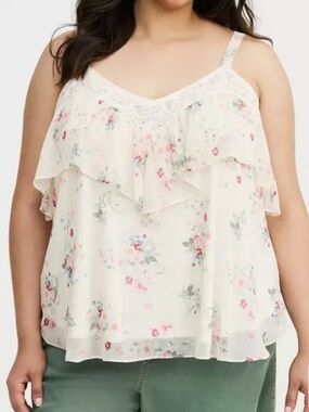 TORRID Cream Floral Lace Cami with Pink & Green Accents